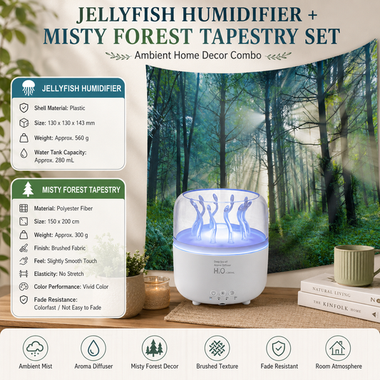 2 piece Cozy Home Duo set -White Jellyfish Humidifier  and 150Ã—200cm Misty Forest Tapestry -humidifier featuring multi-color lights and aromatherapy diffusion,Hanging cloth Room Decor Brushed No-Stretch Fade Resistant Nature Decor with Installation Kit