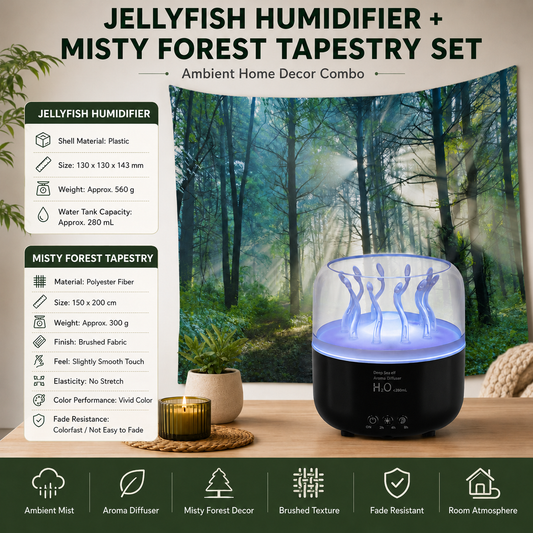 2 piece Cozy Home Duo set -Black Jellyfish Humidifier  and 150Ã—200cm Misty Forest Tapestry -humidifier featuring multi-color lights and aromatherapy diffusion,Hanging cloth Room Decor Brushed No-Stretch Fade Resistant Nature Decor with Installation Kit