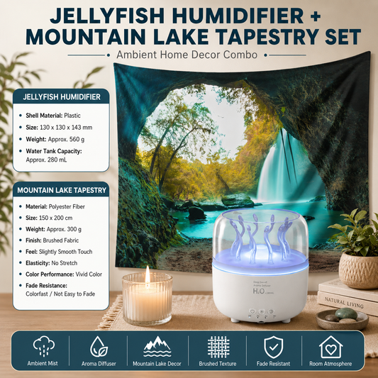 2 piece Cozy Home Duo set -White Jellyfish Humidifier  and 150Ã—200cm Mountain Lake Tapestry -humidifier featuring multi-color lights and aromatherapy diffusion,Hanging cloth Room Decor Brushed No-Stretch Fade Resistant Nature Decor with Installation Kit