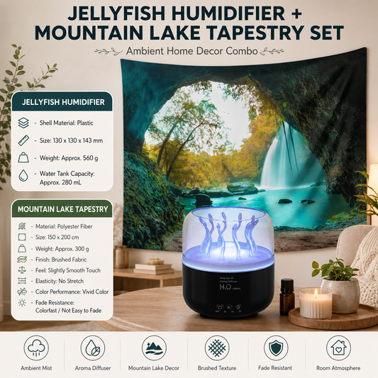 2 piece Cozy Home Duo set -Black Jellyfish Humidifier  and 150Ã—200cm Mountain Lake Tapestry -humidifier featuring multi-color lights and aromatherapy diffusion,Hanging cloth Room Decor Brushed No-Stretch Fade Resistant Nature Decor with Installation Kit