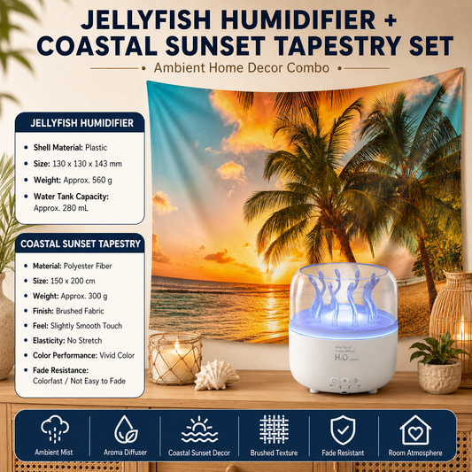 2 piece Cozy Home Duo set -White Jellyfish Humidifier  and 150Ã—200cm Coastal Sunset Tapestry -humidifier featuring multi-color lights and aromatherapy diffusion,Hanging cloth Room Decor Brushed No-Stretch Fade Resistant Nature Decor with Installation Kit