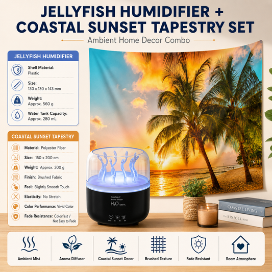 2 piece Cozy Home Duo set -Black Jellyfish Humidifier  and 150Ã—200cm Coastal Sunset Tapestry -humidifier featuring multi-color lights and aromatherapy diffusion,Hanging cloth Room Decor Brushed No-Stretch Fade Resistant Nature Decor with Installation Kit