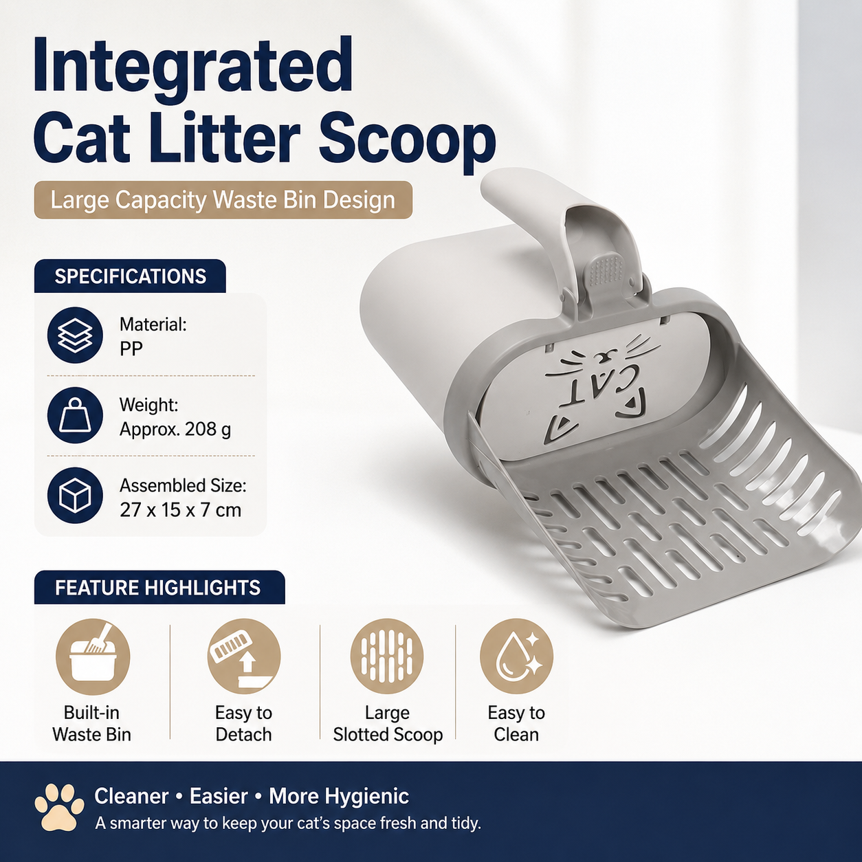 All-in-one Cat Litter Scoop - Detachable High-Capacity Waste Storage Bin with Garbage Bags, PP Material Cat Cleaning Tool for Efficient Litter Box Maintenance