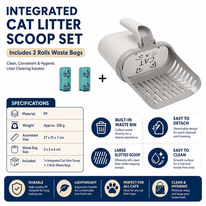 All-in-one Cat Litter Scoop Includes 2 rolls of trash bags- Detachable High-Capacity Waste Storage Bin with Garbage Bags, PP Material Cat Cleaning Tool for Efficient Litter Box Maintenance