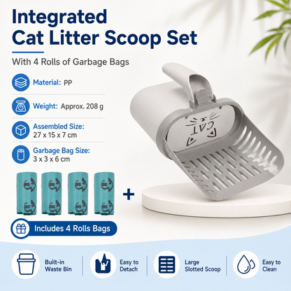 All-in-one Cat Litter Scoop Includes 4 rolls of trash bags - Detachable High-Capacity Waste Storage Bin with Garbage Bags, PP Material Cat Cleaning Tool for Efficient Litter Box Maintenance