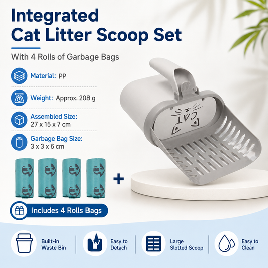 All-in-one Cat Litter Scoop Includes 4 rolls of trash bags - Detachable High-Capacity Waste Storage Bin with Garbage Bags, PP Material Cat Cleaning Tool for Efficient Litter Box Maintenance