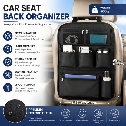 Black Car Seat Back Organizer - 210D Oxford Cloth, Water-Resistant & Multi-Pocket Design - Space-Saving Storage for Cars, Camping & Home Use