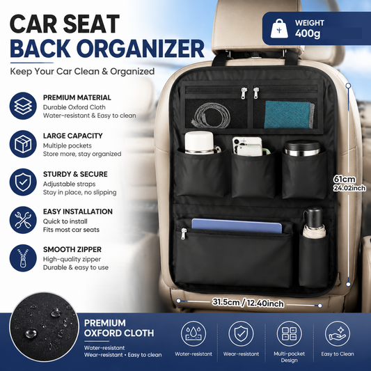 Black Car Seat Back Organizer - 210D Oxford Cloth, Water-Resistant & Multi-Pocket Design - Space-Saving Storage for Cars, Camping & Home Use