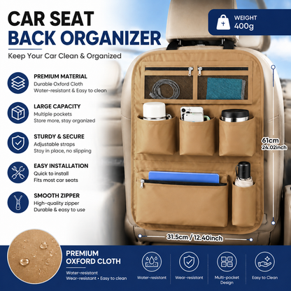 Brown Car Seat Back Organizer - 210D Oxford Cloth, Water-Resistant & Multi-Pocket Design - Space-Saving Storage for Cars, Camping & Home Use
