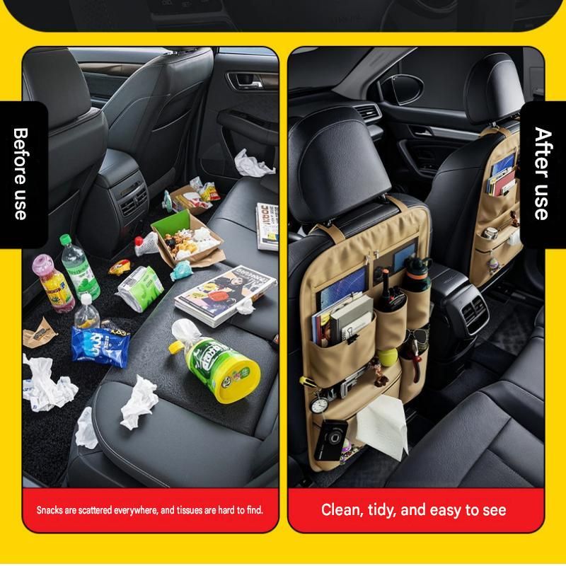 Brown Car Seat Back Organizer - 210D Oxford Cloth, Water-Resistant & Multi-Pocket Design - Space-Saving Storage for Cars, Camping & Home Use