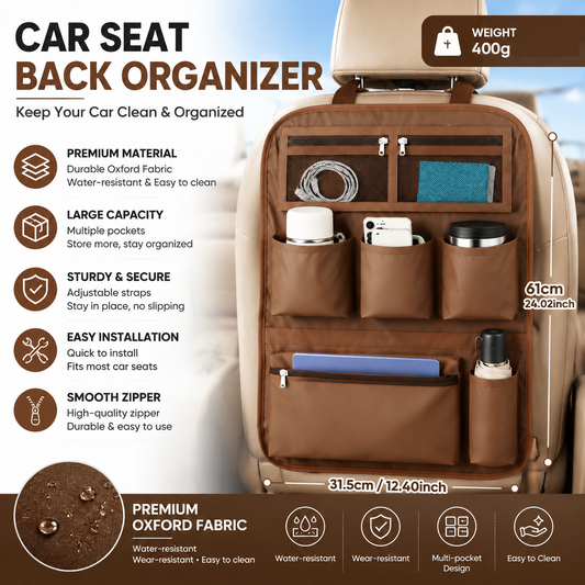 Coffee-colored Car Seat Back Organizer - 210D Oxford Cloth, Water-Resistant & Multi-Pocket Design - Space-Saving Storage for Cars, Camping & Home Use