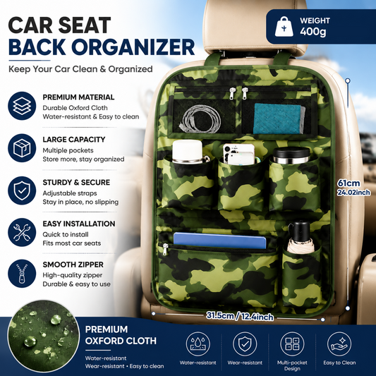 camouflage color Car Seat Back Organizer - 210D Oxford Cloth, Water-Resistant & Multi-Pocket Design - Space-Saving Storage for Cars, Camping & Home Use