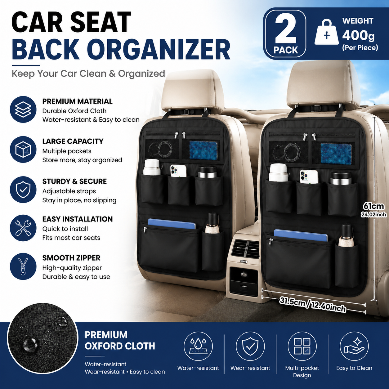 2 pcs Black Car Seat Back Organizer - 210D Oxford Cloth, Water-Resistant & Multi-Pocket Design - Space-Saving Storage for Cars, Camping & Home Use