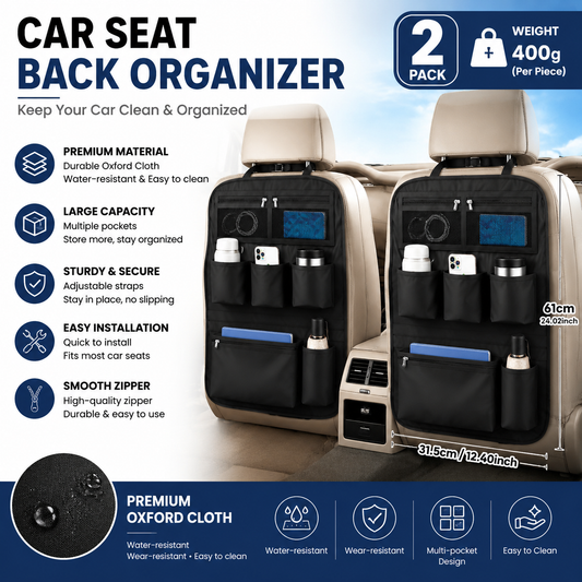 2 pcs Black Car Seat Back Organizer - 210D Oxford Cloth, Water-Resistant & Multi-Pocket Design - Space-Saving Storage for Cars, Camping & Home Use