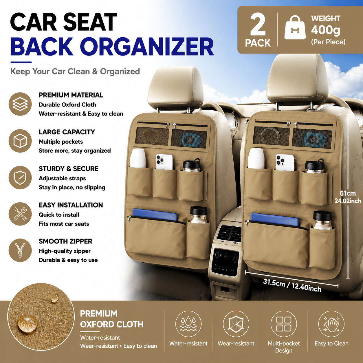 2 pcs Brown Car Seat Back Organizer - 210D Oxford Cloth, Water-Resistant & Multi-Pocket Design - Space-Saving Storage for Cars, Camping & Home Use