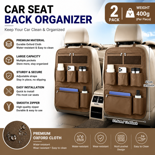 2 pcs Coffee-colored Car Seat Back Organizer - 210D Oxford Cloth, Water-Resistant & Multi-Pocket Design - Space-Saving Storage for Cars, Camping & Home Use