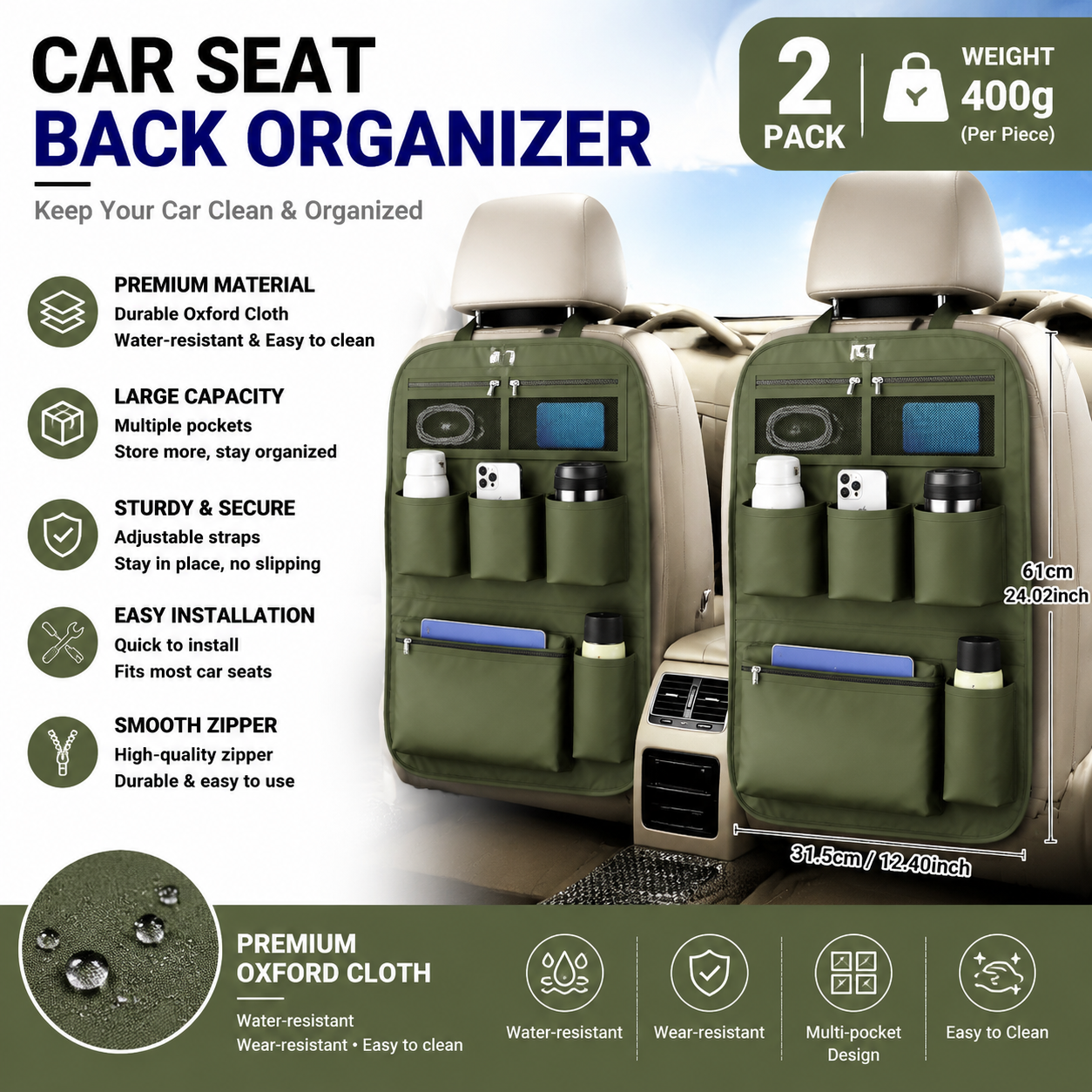 2 pcs Green Car Seat Back Organizer - 210D Oxford Cloth, Water-Resistant & Multi-Pocket Design - Space-Saving Storage for Cars, Camping & Home Use