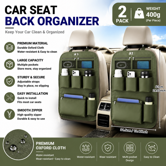 2 pcs Green Car Seat Back Organizer - 210D Oxford Cloth, Water-Resistant & Multi-Pocket Design - Space-Saving Storage for Cars, Camping & Home Use