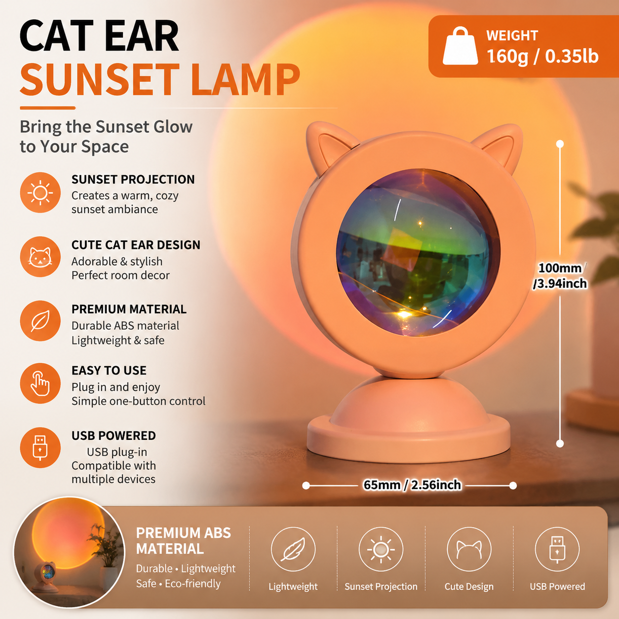 Cat-ear style Sunset Projection Lamp - USB Powered ABS Mini Night Light with Warm Glow Effect for Bedroom, Photography & Home Decor Ambiance