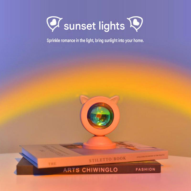 Cat-ear style Sunset Projection Lamp - USB Powered ABS Mini Night Light with Warm Glow Effect for Bedroom, Photography & Home Decor Ambiance