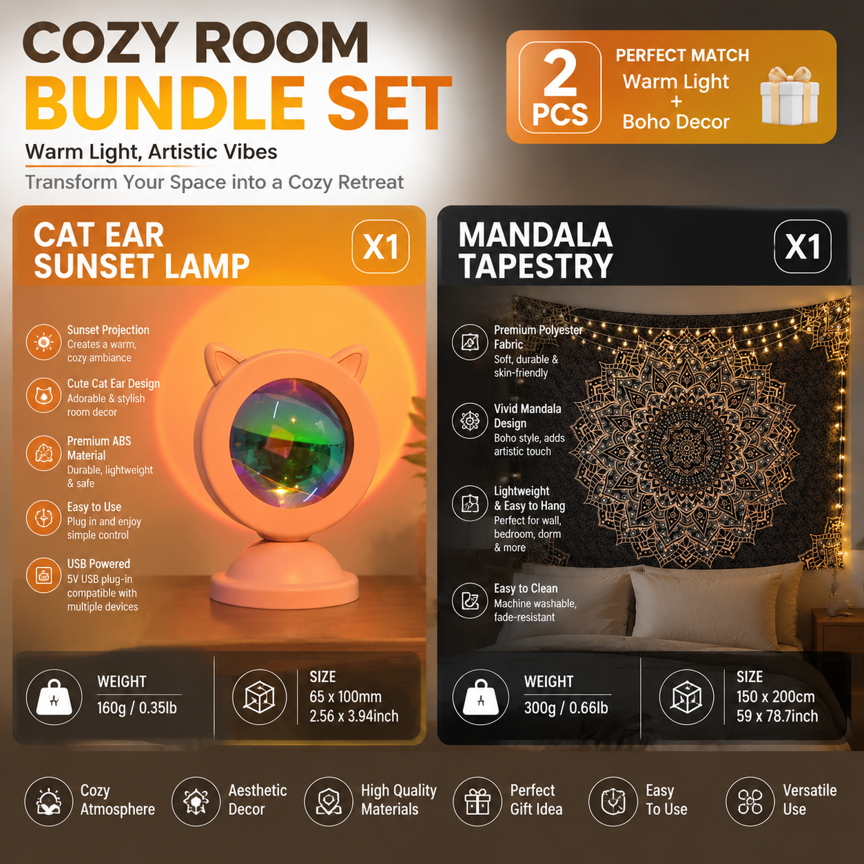 Pink Cat Ear Sunset Projection Lamp and  150x200cm Black Mandala Tapestry Combo - USB Powered ABS Mini Light withPolyester Wall Hanging for Bedroom, Living Room & Photography Ambiance