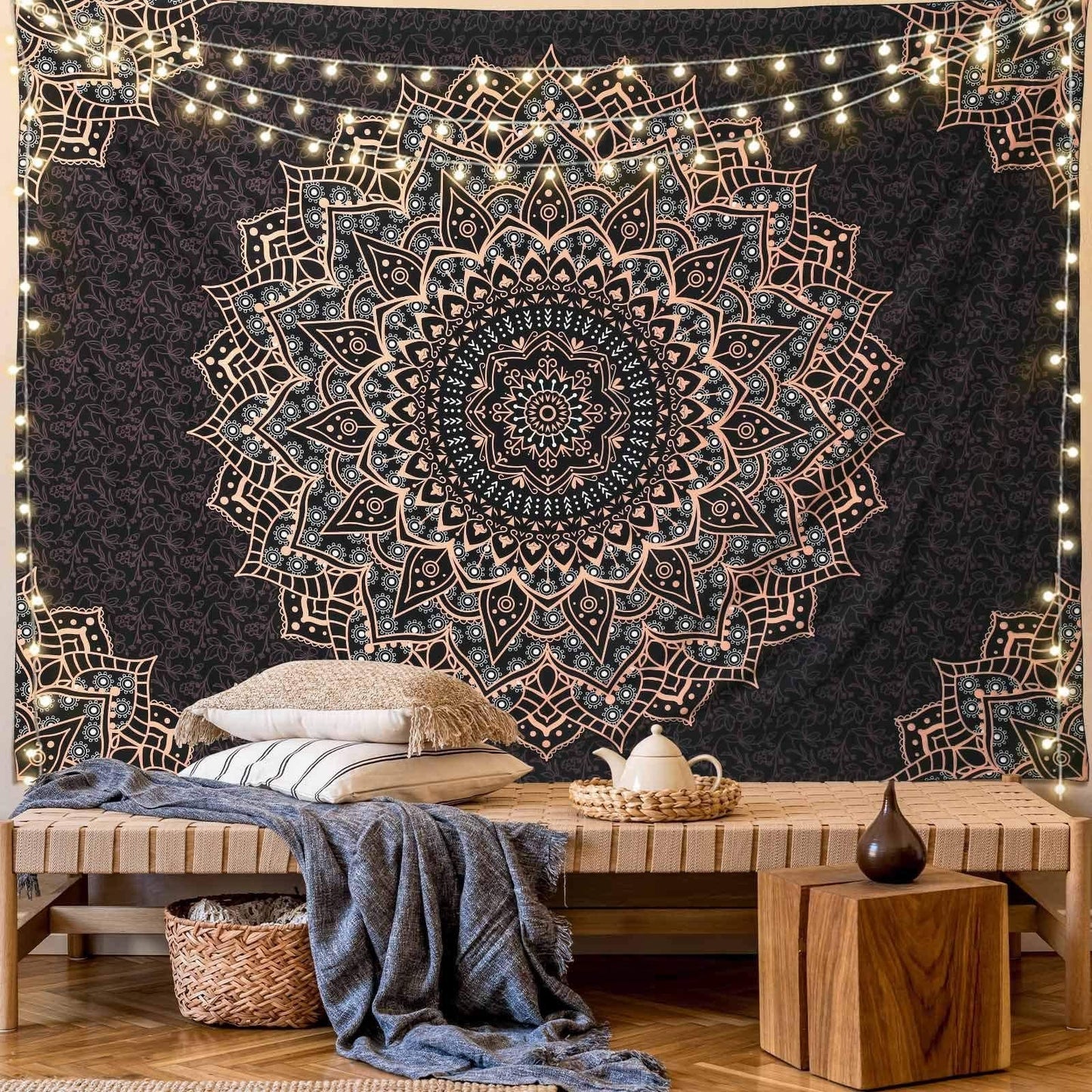 Pink Cat Ear Sunset Projection Lamp and  150x200cm Black Mandala Tapestry Combo - USB Powered ABS Mini Light withPolyester Wall Hanging for Bedroom, Living Room & Photography Ambiance