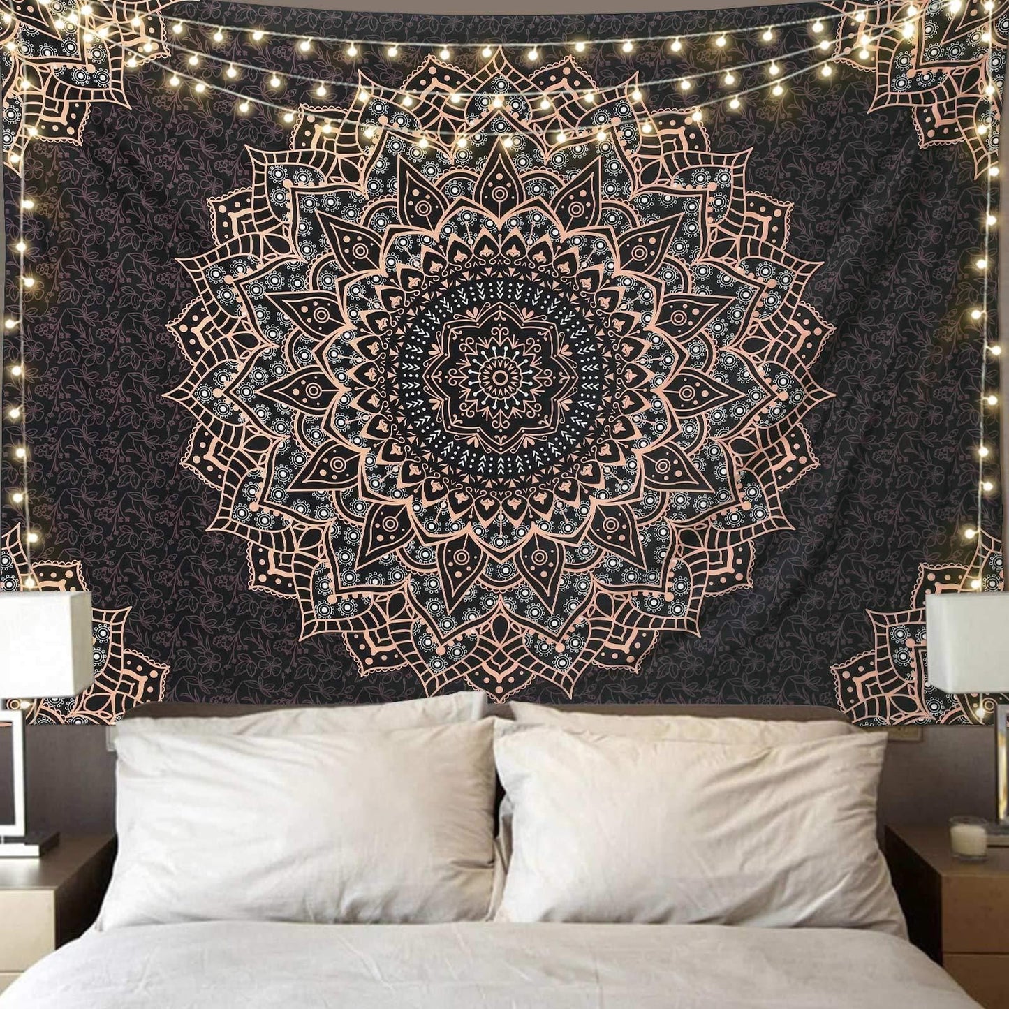 Pink Cat Ear Sunset Projection Lamp and  150x200cm Black Mandala Tapestry Combo - USB Powered ABS Mini Light withPolyester Wall Hanging for Bedroom, Living Room & Photography Ambiance