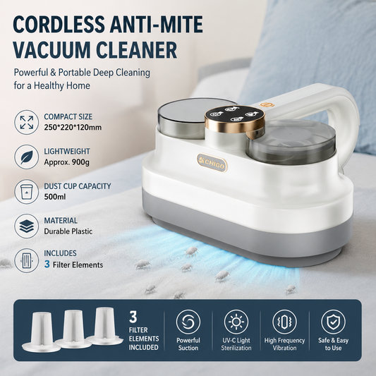 White Handheld Cordless Dust Mite Vacuum Cleaner Includes 3 filter cartridges LED Sanitizing Mattress Cleaner Dual Cup Separation Strong Suction 9000Pa Anti Allergen Home Winter Deep Cleaning Clean Portable