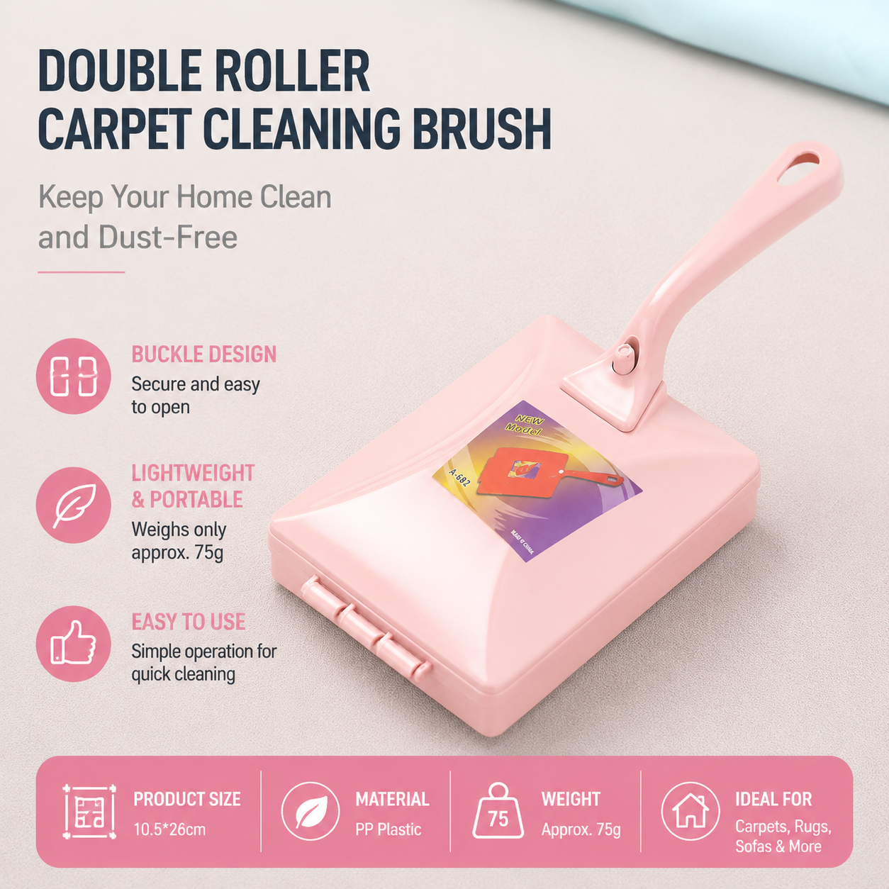 Pink Double Roller Cleaning Brush - PP Material, Sealed Dustpan Design with Detachable Rollers - Lightweight Carpet Sofa Bed Sweeper for Pet Hair and Crumbs