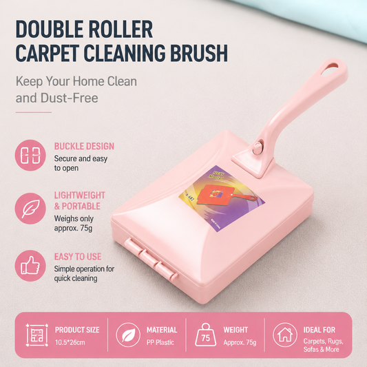 Pink Double Roller Cleaning Brush - PP Material, Sealed Dustpan Design with Detachable Rollers - Lightweight Carpet Sofa Bed Sweeper for Pet Hair and Crumbs
