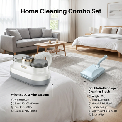 Winter Cleaning Kit White Wireless Dust Mite Vacuum and Blue Double Roller Carpet Brush Combo - UV Light, 500ml Dust Cup, Hot Air Drying, Lightweight PP Carpet Brush for Bed, Sofa and Floor Cleaning