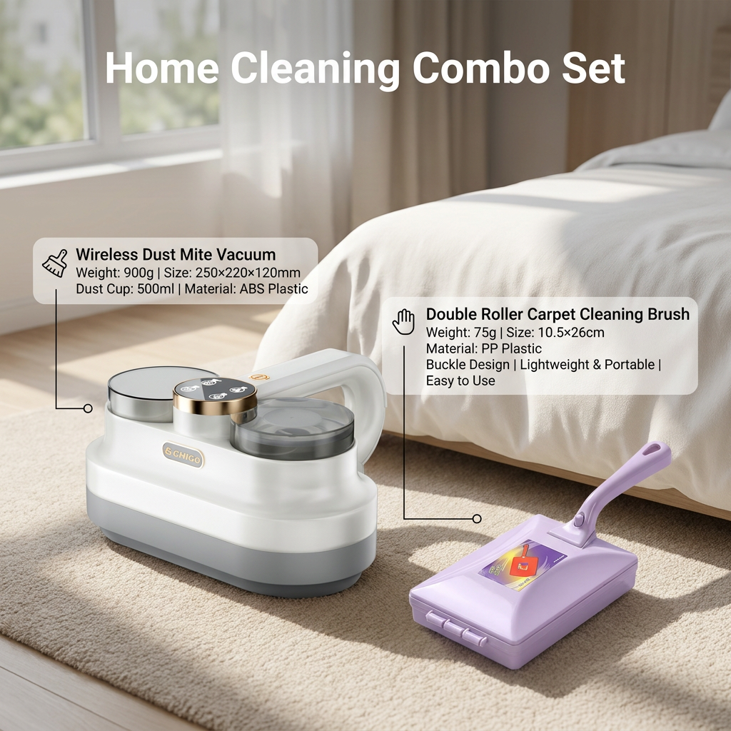 Winter Cleaning Kit White Wireless Dust Mite Vacuum and Purple Double Roller Carpet Brush Combo - UV Light, 500ml Dust Cup, Hot Air Drying, Lightweight PP Carpet Brush for Bed, Sofa and Floor Cleaning