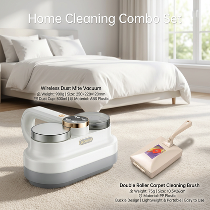 Winter Cleaning Kit White Wireless Dust Mite Vacuum and Beige Double Roller Carpet Brush Combo - UV Light, 500ml Dust Cup, Hot Air Drying, Lightweight PP Carpet Brush for Bed, Sofa and Floor Cleaning