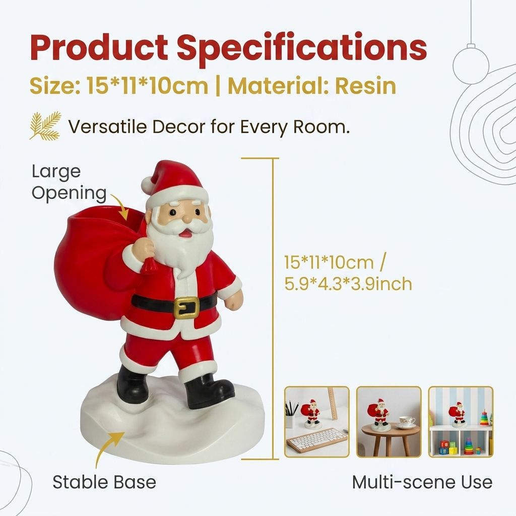 Santa Claus Resin Storage Ornament - 15cm Festive Desktop Organiser with Sack Holder for Pens, Keys and Small Items - Holiday Home and Office Decor