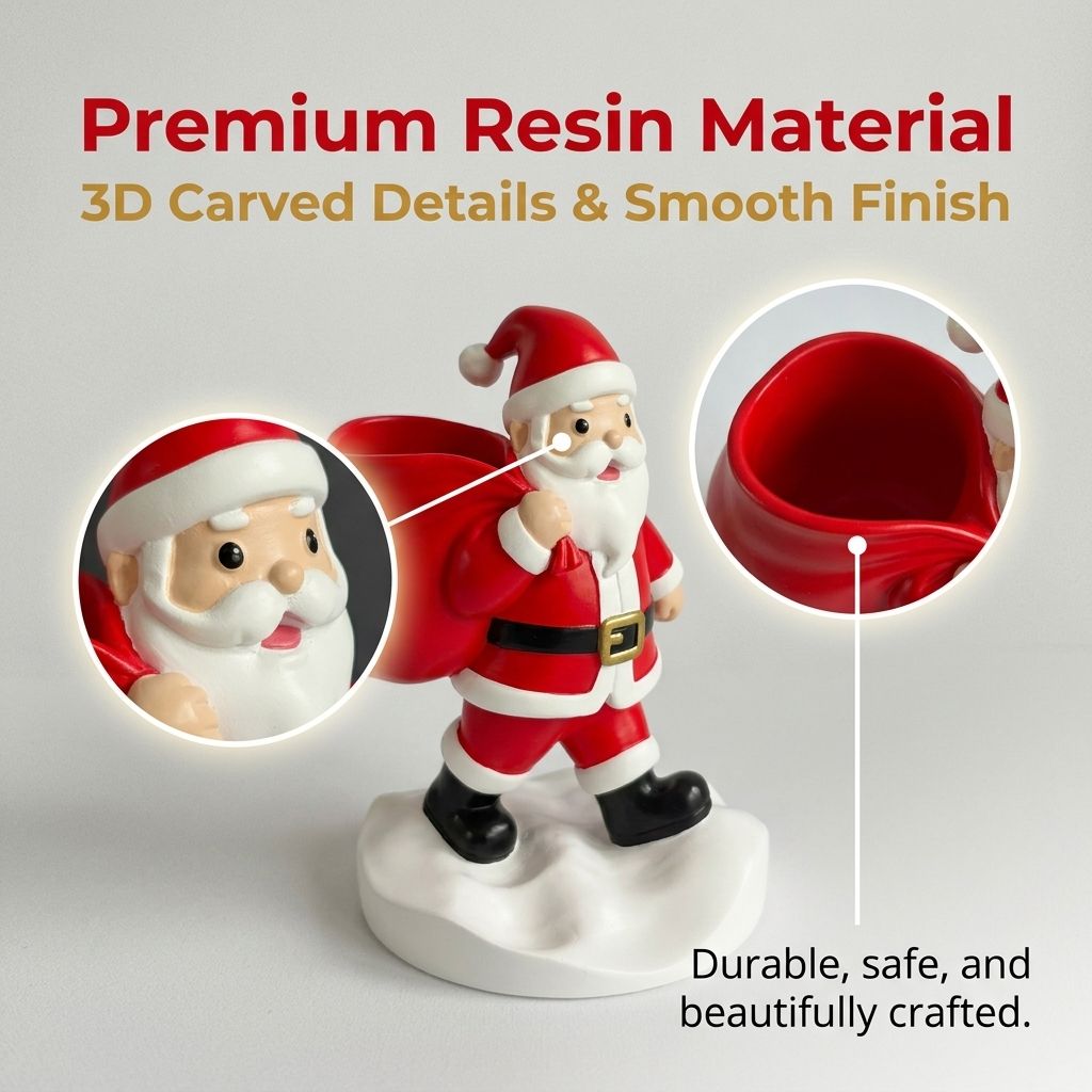 Santa Claus Resin Storage Ornament - 15cm Festive Desktop Organiser with Sack Holder for Pens, Keys and Small Items - Holiday Home and Office Decor