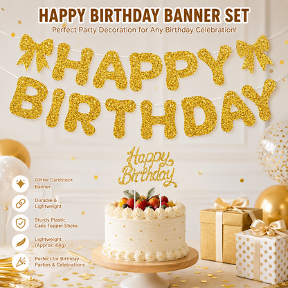 Golden Glitter Happy Birthday Banner and Cake Topper Set - Bow Decoration Birthday Party , Hanging Bunting with Sticks and Tape for Home Celebration