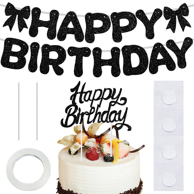 Golden Glitter Happy Birthday Banner and Cake Topper Set - Bow Decoration Birthday Party , Hanging Bunting with Sticks and Tape for Home Celebration