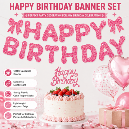 Pink Glitter Happy Birthday Banner and Cake Topper Set - Bow Decoration Birthday Party , Hanging Bunting with Sticks and Tape for Home Celebration