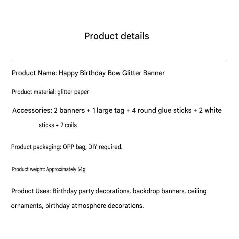 Pink Glitter Happy Birthday Banner and Cake Topper Set - Bow Decoration Birthday Party , Hanging Bunting with Sticks and Tape for Home Celebration