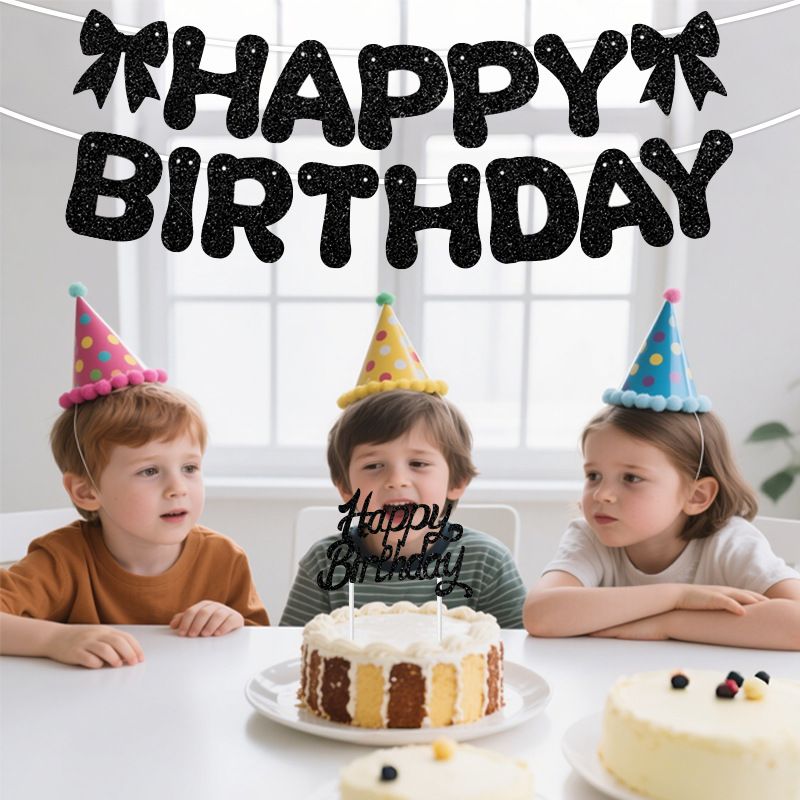 Pink Glitter Happy Birthday Banner and Cake Topper Set - Bow Decoration Birthday Party , Hanging Bunting with Sticks and Tape for Home Celebration