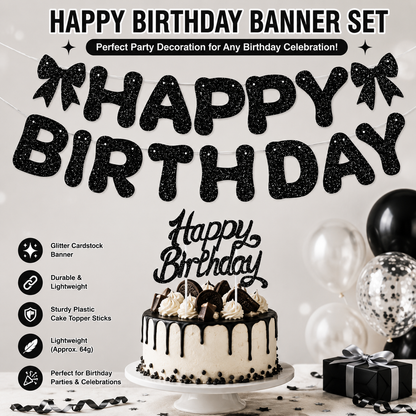 Black Glitter Happy Birthday Banner and Cake Topper Set - Bow Decoration Birthday Party , Hanging Bunting with Sticks and Tape for Home Celebration