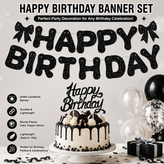 Black Glitter Happy Birthday Banner and Cake Topper Set - Bow Decoration Birthday Party , Hanging Bunting with Sticks and Tape for Home Celebration