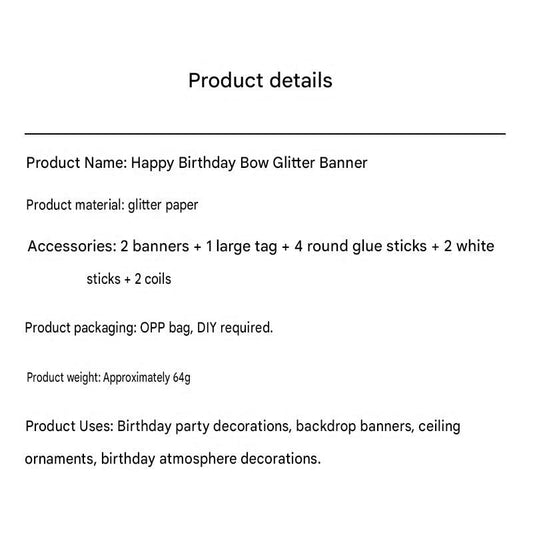 Black Glitter Happy Birthday Banner and Cake Topper Set - Bow Decoration Birthday Party , Hanging Bunting with Sticks and Tape for Home Celebration