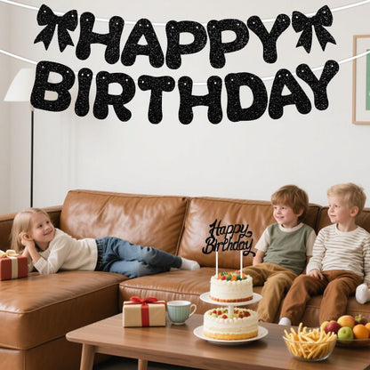Black Glitter Happy Birthday Banner and Cake Topper Set - Bow Decoration Birthday Party , Hanging Bunting with Sticks and Tape for Home Celebration