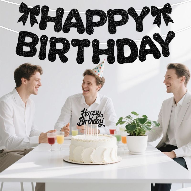 Black Glitter Happy Birthday Banner and Cake Topper Set - Bow Decoration Birthday Party , Hanging Bunting with Sticks and Tape for Home Celebration