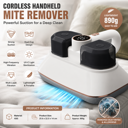 White Wireless Handheld Mite Remover Vacuum - Dual Cup Strong Suction UV Sterilization High Frequency Tapping Portable Bed Sofa Cleaner for Home