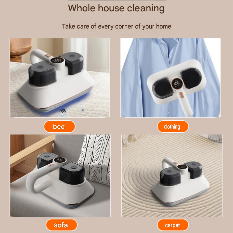 White Wireless Handheld Mite Remover Vacuum - Dual Cup Strong Suction UV Sterilization High Frequency Tapping Portable Bed Sofa Cleaner for Home