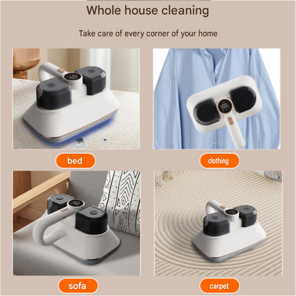 White Wireless Handheld Mite Remover Vacuum - Dual Cup Strong Suction UV Sterilization High Frequency Tapping Portable Bed Sofa Cleaner for Home