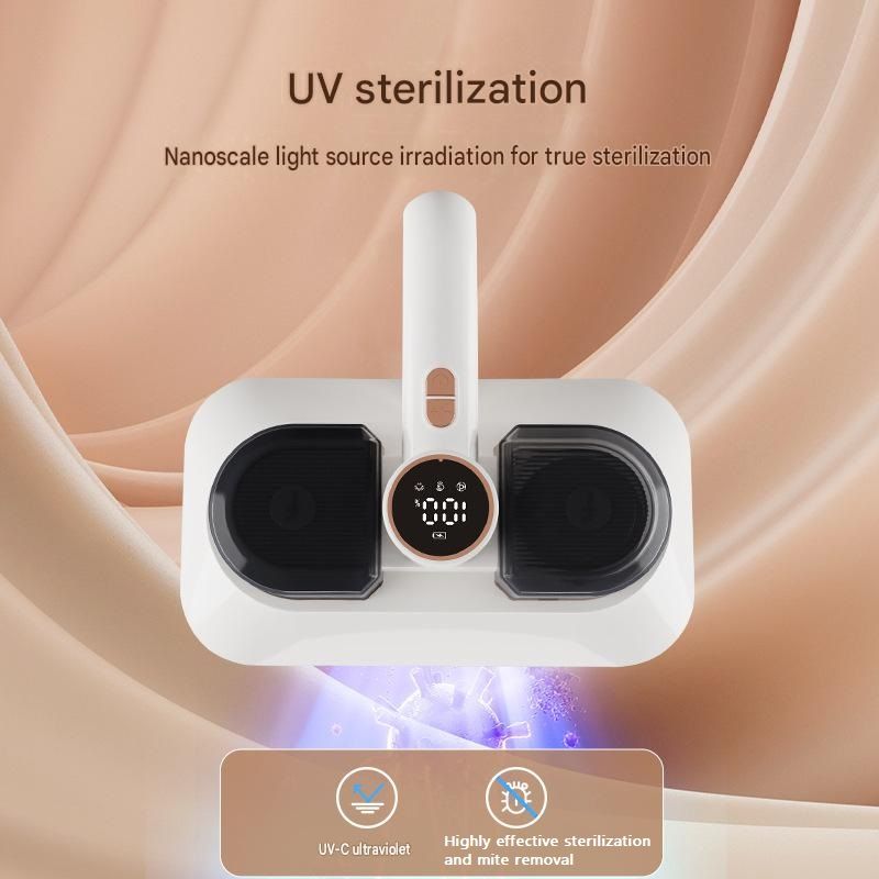 White Wireless Handheld Mite Remover Vacuum - Dual Cup Strong Suction UV Sterilization High Frequency Tapping Portable Bed Sofa Cleaner for Home