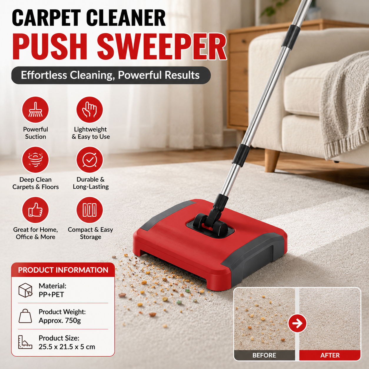 Red Manual Carpet Sweeper with Triple Roller Brushes - Non-Electric Push Broom for Pet Hair, Lightweight Floor Cleaner with Detachable Handle and Large Dustbin